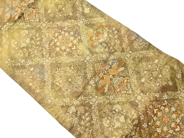 引箔襷に華文・花鳥模様織出し開き名古屋帯（額縁仕立て）